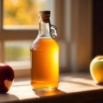 A clear glass bottle of golden apple cider vinegar next to a measuring spoon, bathed in natural light from a window.