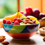 Colorful bowl of budget-friendly snacks including fresh fruits and nuts, illuminated by natural light through a window