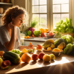 Alt Text: Woman counting calories for weight loss at a sunlit kitchen table surrounded by fresh fruits and vegetables, measuring ingredients on a digital scale.