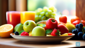 A vibrant plate of colorful fruits and vegetables on a wooden table, bathed in bright natural light, showcasing the benefits of a detox diet.