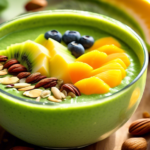 Alt text: A close-up of a vibrant green smoothie bowl, topped with sliced tropical fruits, nuts, and seeds, bathed in bright natural sunlight. This detoxifying and energy-boosting meal is perfect for weight loss.