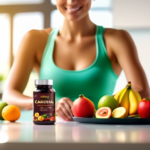 A woman in workout attire holding a bottle of Garcinia Cambogia capsules, surrounded by fresh fruits and a glass of water on a sunny kitchen counter, showcasing the benefits of Garcinia Cambogia for weight loss.