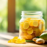 Glass jar filled with ginger supplements surrounded by fresh ginger root slices and green tea leaves, bathed in natural sunlight