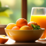 Vibrant fruit bowl and fresh orange juice on a wooden breakfast table, bathed in soft morning sunlight - ideal healthy breakfast ideas for balanced meal planning