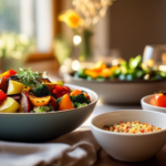 Vibrant and nutritious dinner spread with colorful roasted vegetables, grilled chicken, and quinoa salad, bathed in golden sunlight for a wholesome and balanced meal planning blog post