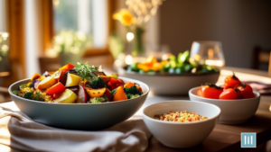 Vibrant and nutritious dinner spread with colorful roasted vegetables, grilled chicken, and quinoa salad, bathed in golden sunlight for a wholesome and balanced meal planning blog post