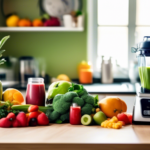 Promoting weight loss success through healthy habits: An image of a sunlit kitchen counter displaying a variety of colorful fruits and vegetables, a blender filled with a nutritious green smoothie, a weight scale, and a water bottle, representing the essence of a healthy lifestyle.