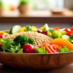 Bright and colorful salad bowl with vibrant vegetables, lean protein, and whole grains, on a wooden table in natural light. Perfect healthy lunch idea for balanced meal planning.