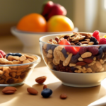 Vibrant and Nutrient-Packed: A Sunlit Kitchen Countertop Displaying an Assortment of Healthy Snack Ideas - Fresh Fruits, Energy Bars, and Homemade Trail Mix