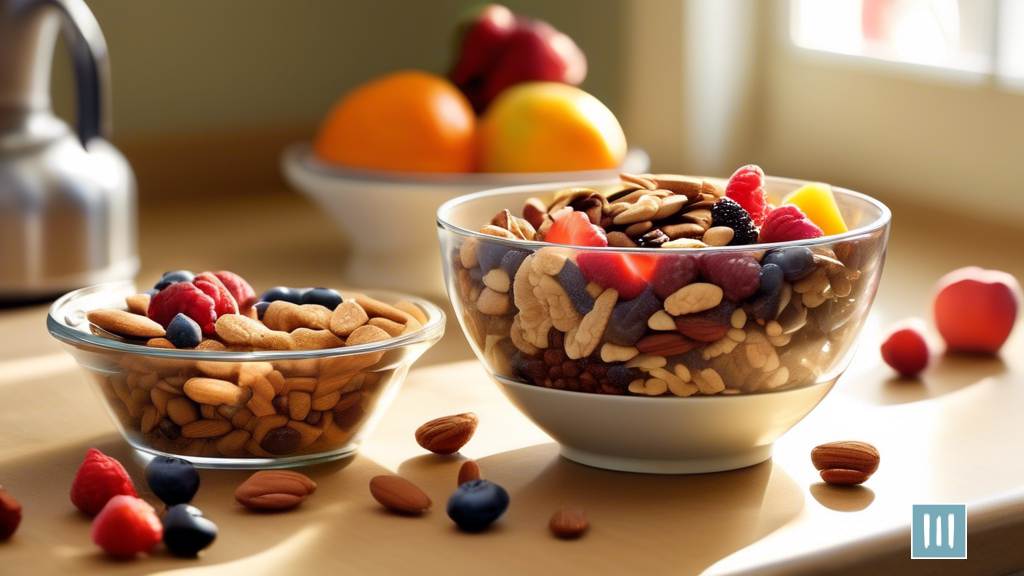 Vibrant and Nutrient-Packed: A Sunlit Kitchen Countertop Displaying an Assortment of Healthy Snack Ideas - Fresh Fruits, Energy Bars, and Homemade Trail Mix