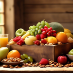 Delicious and Nutritious Healthy Snacks for Weight Loss - A colorful assortment of fresh fruits, crunchy vegetables, and wholesome nuts beautifully arranged on a rustic wooden table, bathed in warm, golden natural light.