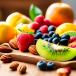 Colorful assortment of fresh fruits, nuts, and seeds on a wooden cutting board in bright natural light, perfect for Healthy Vegan Snack Ideas