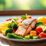 Vibrant plate of high protein foods including grilled chicken, salmon, and tofu, surrounded by colorful fruits and vegetables, illuminated by natural sunlight through a window