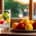 A clear glass of water with ice cubes and fresh fruits on a wooden table, illuminated by natural light, highlighting the importance of hydration for weight loss.