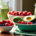 Unlocking Increased Energy with the Keto Diet: A sunlit kitchen table showcasing a plate of vibrant berries, a bowl of avocado slices, and a glass of refreshing green smoothie, representing the energizing potential of the Keto diet.