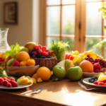 Experience the radiant benefits of Intermittent Fasting as a sunlit dining table showcases a vibrant array of colorful fruits, vegetables, and a refreshing glass of water, symbolizing the freshness and vitality it brings to our bodies.