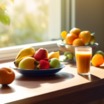 Alt text: A sunlit room with a large window overlooking nature, casting a warm glow on a clutter-free desk. A plate of colorful fruits, an empty coffee cup, and a stopwatch nearby symbolize mental clarity achieved through intermittent fasting.