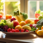 Alt Text: A close-up shot of a vibrant plate filled with colorful fruits and vegetables, beautifully illuminated by golden sunlight pouring through a kitchen window, illustrating the potential benefits of intermittent fasting for weight loss.