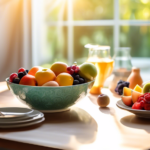 Vibrant morning scene showcasing the potential of intermittent fasting for weight loss with a sunlit dining table adorned with colorful fruits, a glass of water, and an empty plate.