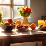 An inviting kitchen table with a variety of vibrant fruits, a cup of aromatic black coffee, and an empty plate, basking in natural sunlight. A visually pleasing image for a blog post on creating an effective intermittent fasting schedule.