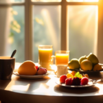 Alt text: A serene morning scene with a sunlit breakfast table adorned with fresh fruits, a steaming cup of black coffee, and an open journal, creating a warm and inviting ambiance for successful intermittent fasting.