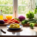 Alt Text: A sunlit kitchen flooded with natural light, showcasing a plate of vibrant vegetables, a glass of refreshing water, and a gleaming stainless-steel knife, representing the connection between the keto diet and unlocking mental clarity.