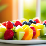 Colorful and healthy fruit skewer on a white plate, surrounded by green leaves and flowers, with natural sunlight streaming in from a nearby window. Perfect kid-friendly snack option.