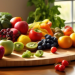 Delicious low-calorie snacks for healthy eating: A captivating image of a wooden cutting board showcasing an array of vibrant and colorful fruits and vegetables, illuminated by a stream of radiant sunlight.