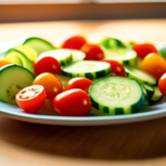 A colorful plate of low-carb snacks including sliced cucumbers, cherry tomatoes, and cheese cubes, illuminated by bright natural light from a nearby window.