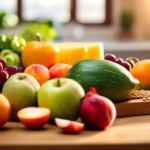 Colorful assortment of fruits, vegetables, lean proteins, and whole grains on a wooden cutting board, bathed in bright natural sunlight for balanced meal planning for busy individuals