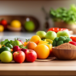 Fresh fruits, vegetables, and grains neatly organized on a brightly lit kitchen counter, with meal prep tools ready for effective meal planning for weight loss