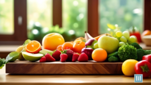 Colorful array of fresh fruits and vegetables on a wooden cutting board, bathed in bright natural light, perfect for balanced meal planning