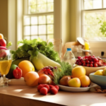 An inviting sunlit kitchen table filled with a vibrant display of fresh fruits, vegetables, whole grains, and olive oil, embodying the essence of the Mediterranean diet for beginners.