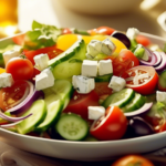 Delicious Mediterranean Diet Recipes: A close-up shot of a vibrant Greek salad with ripe tomatoes, crisp cucumbers, and tangy feta cheese, bathed in golden sunlight streaming through a window.