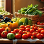 Vibrant Mediterranean diet shopping list with a sunlit market scene displaying a colorful array of fresh produce like ripe tomatoes, crisp cucumbers, fragrant herbs, and juicy olives.