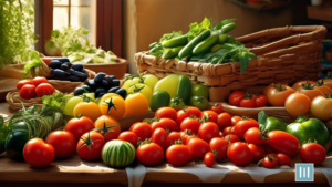 Vibrant Mediterranean diet shopping list with a sunlit market scene displaying a colorful array of fresh produce like ripe tomatoes, crisp cucumbers, fragrant herbs, and juicy olives.