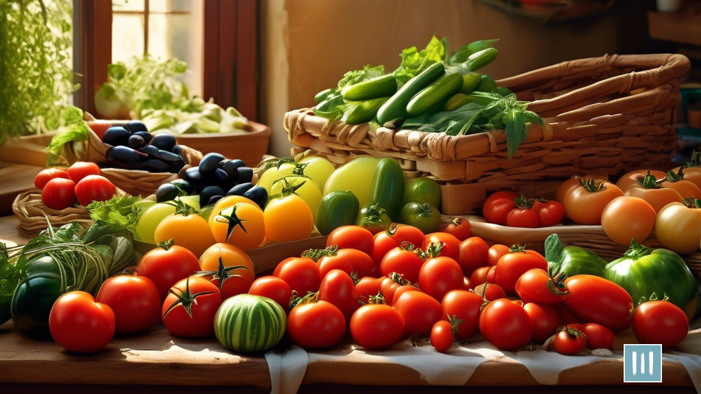 Vibrant Mediterranean diet shopping list with a sunlit market scene displaying a colorful array of fresh produce like ripe tomatoes, crisp cucumbers, fragrant herbs, and juicy olives.