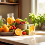 An inviting sunlit kitchen counter displays a colorful array of fresh fruits, aromatic herbs, and a refreshing glass pitcher of infused water, highlighting the allure of natural ingredients for holistic weight loss.