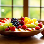 A vibrant fruit platter with sliced apples, grapes, and strawberries on a wooden cutting board next to a bowl of nut-free trail mix, illuminated by natural sunlight. Perfect for allergy-friendly snacking options.