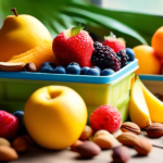 Colorful assortment of fresh fruits and nuts in a portable container, bathed in bright natural light, perfect for convenient on-the-go snacking.