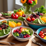 Delicious and Nutritious Paleo Lunch Ideas: A sunlit table filled with vibrant salads, grilled vegetables, succulent meats, and a variety of fresh fruits, perfect for a healthy and satisfying Paleo lunch.