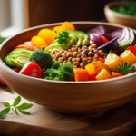 Vibrant and colorful plant-based meal bowl filled with roasted vegetables, grains, and fresh herbs, illuminated by bright natural light, perfect for balanced meal planning