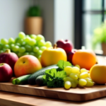 Fresh and colorful assortment of fruits and vegetables on a wooden cutting board in bright natural light, showcasing healthy ingredients for weight loss support with probiotics