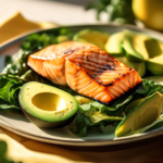 Delicious and Nourishing Keto-friendly Meal: Grilled Salmon, Avocado Slices, and Leafy Greens, Illuminated by Golden Sunlight