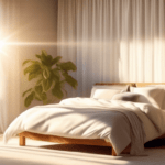 Serene bedroom scene with soft morning sunlight streaming through sheer curtains, showcasing a neatly made bed with a plush duvet and a fitness tracker on a bedside table, emphasizing the link between sleep and weight loss.