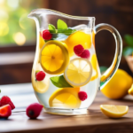 Glass pitcher filled with lemon water surrounded by colorful fruits on a wooden table, perfect for a sugar detox for weight loss