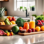 Vibrant vegan meal prep ideas: A sunlit kitchen countertop adorned with neatly arranged colorful fruits, vegetables, and chopping boards, showcasing the freshness and textures of plant-based ingredients.