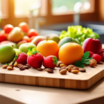 A vibrant spread of fresh fruits, vegetables, nuts, and seeds on a wooden cutting board, illuminated by bright natural light streaming through a kitchen window. Ideal for heart health and whole foods enthusiasts.