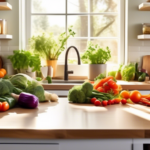 Mastering Whole Foods Meal Prep: A bright and inviting kitchen counter filled with colorful vegetables, fresh herbs, and neatly arranged meal prep containers, bathed in natural sunlight.